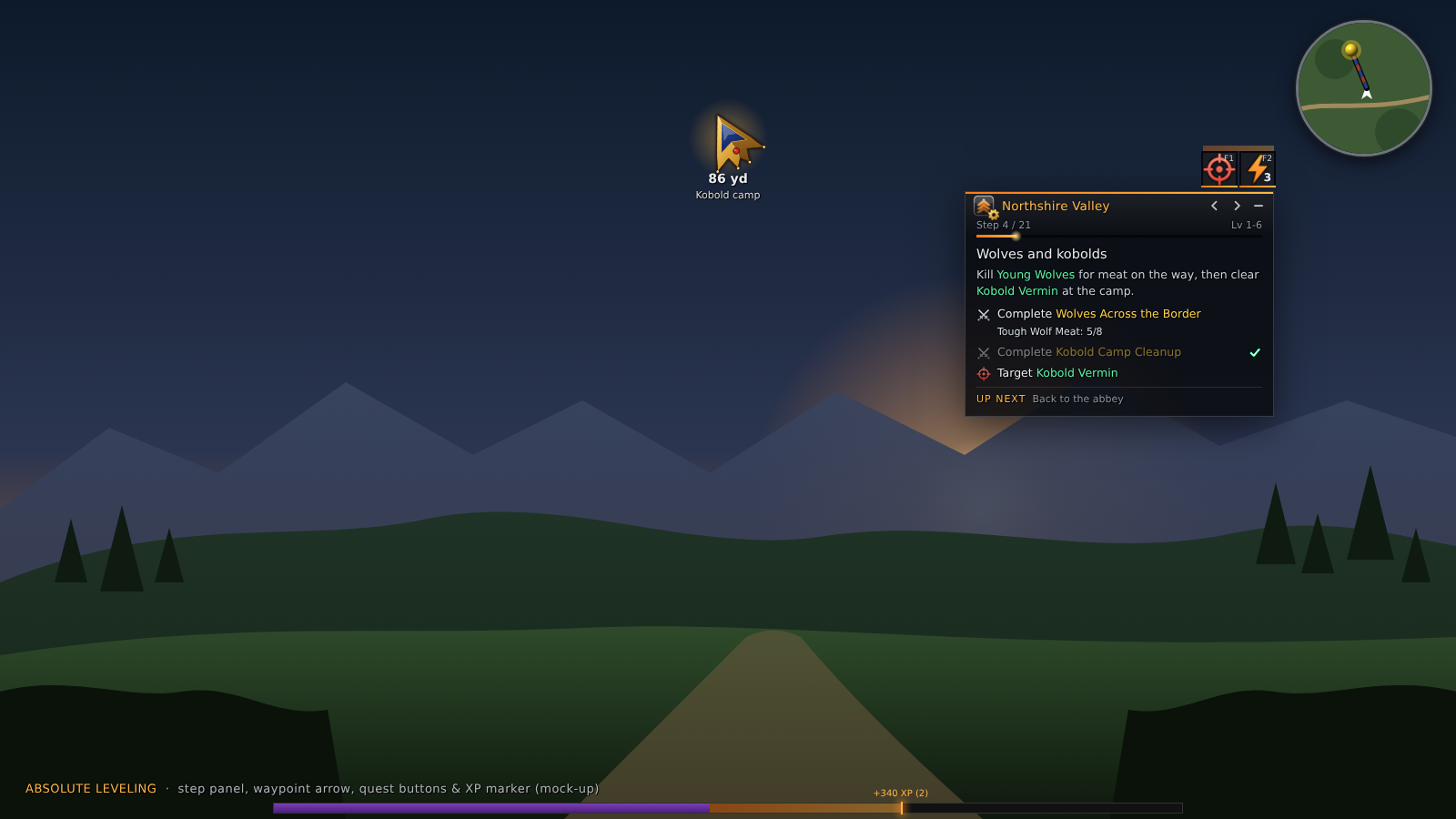 The step panel with the current objective, the step after it and a quest-item button.