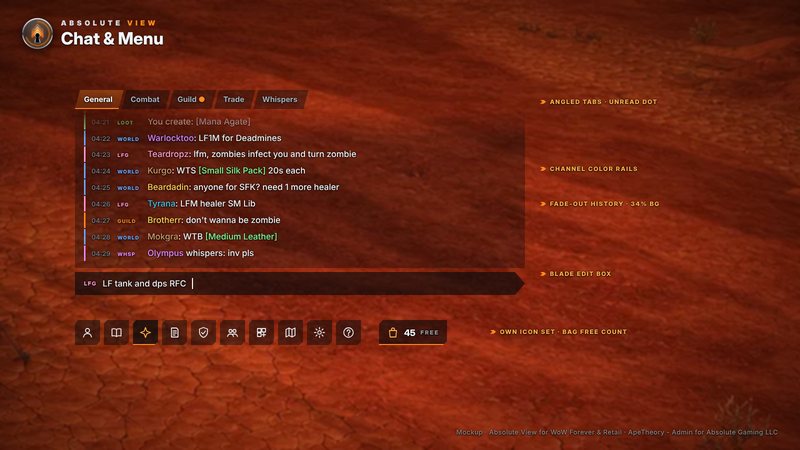 Chat and menu: angled tabs with an unread dot, channel color rails, fading history, a blade edit box and its own micro menu icons with a free bag-slot count.