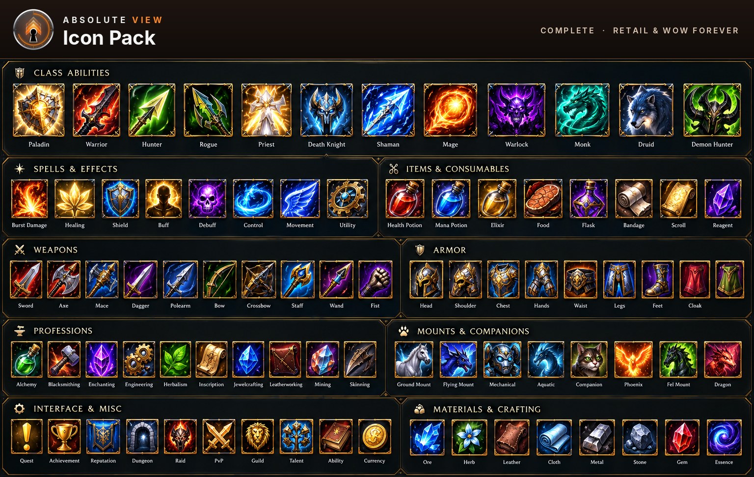 Icon pack: a complete set of original icons for classes, spells, items, weapons, armor, professions, mounts, interface and crafting materials, for Retail and WoW Forever.