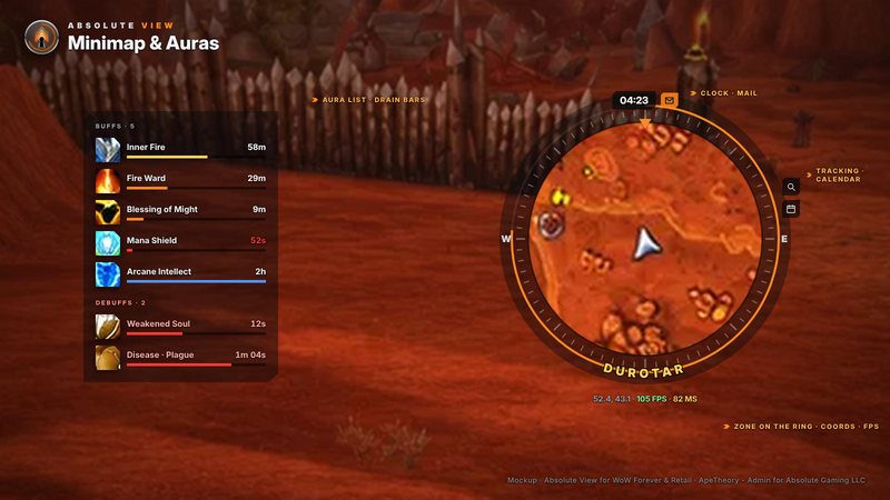 Minimap and auras: the zone name on the ring, clock, mail, tracking and calendar, plus buffs and debuffs as a list with drain bars.