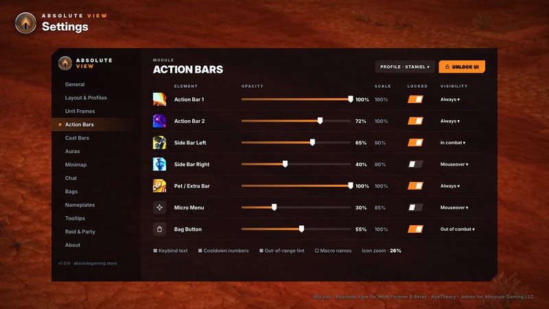 Settings: every module in one window, with opacity, scale, lock and visibility for each element, saved per character profile.