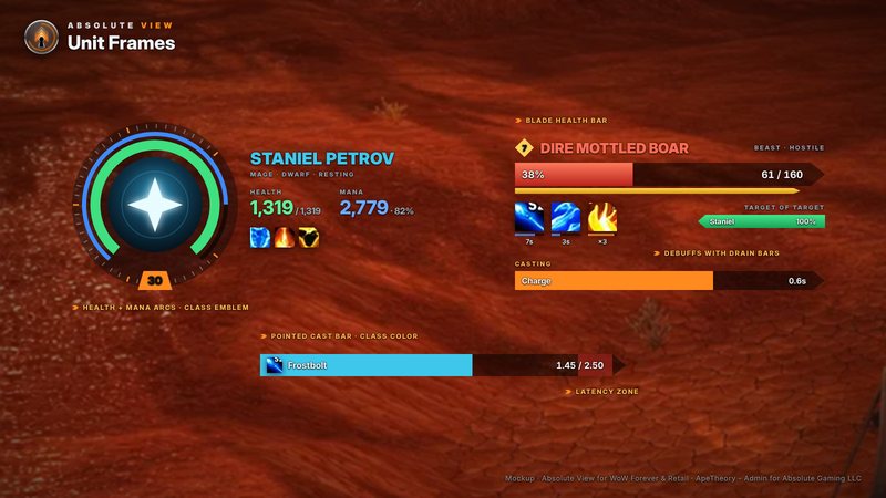 Unit frames: health and mana arcs around a class emblem, a blade-shaped target health bar, debuffs with drain bars and a pointed cast bar.